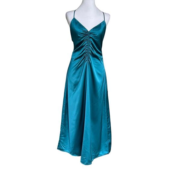 Jason Wu Teal Satin Midi Ruched Slip Dress Large Wedding Guest Event Cocktail - Picture 4 of 10